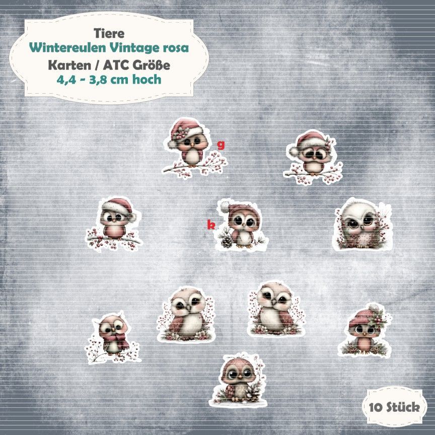 Wintereulen Vintage rosa - Karten / ATC Größe - 10 Stanzteile - Die Cut