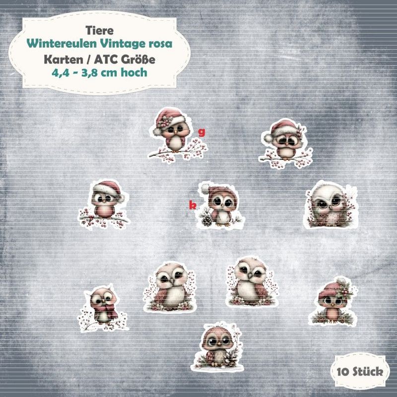 Wintereulen Vintage rosa - Karten / ATC Größe - 10 Stanzteile - Die Cut Wintereulen Vintage rosa - Karten / ATC Größe - 10 Stanzteile - Die Cut