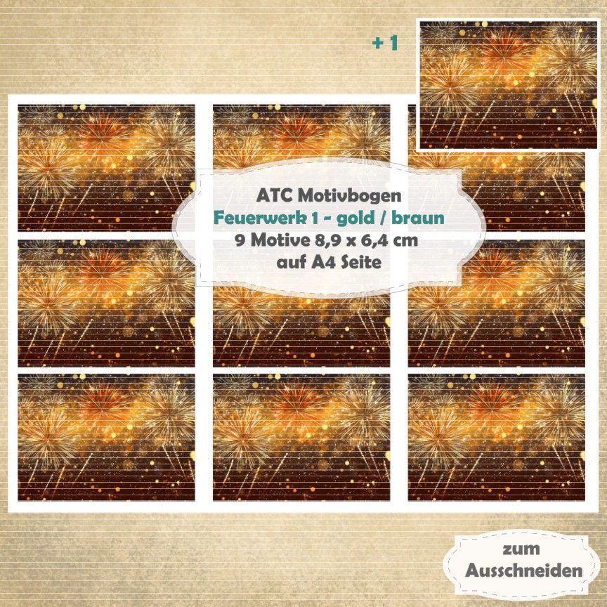 Feuerwerk 1 - gold / braun - ATC Motivbogen - A4 - 1 Seite mit 9 Motiven