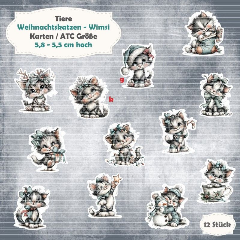 Weihnachtskatzen - Wimsi - Karten / ATC Größe - 12 Stanzteile - Die Cut Weihnachtskatzen - Wimsi - Karten / ATC Größe - 12 Stanzteile - Die Cut