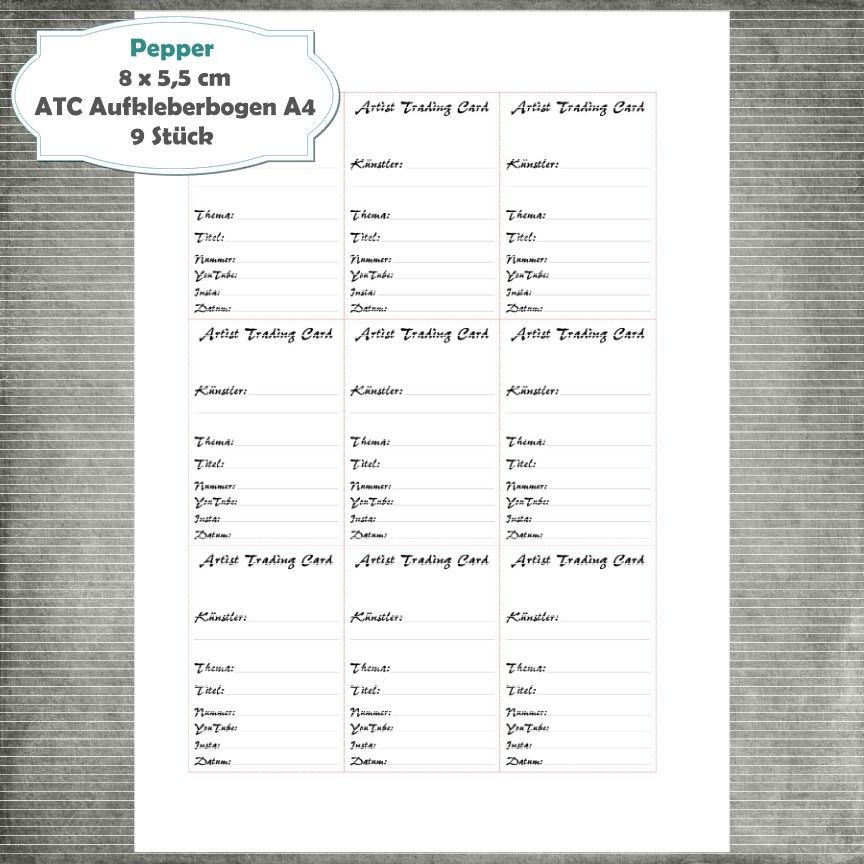 Pepper - ATC Aufkleberbogen - A4 Hochformat - 1 Seite mit 9 Stück