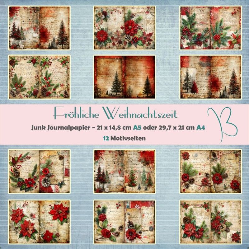 Fröhliche Weihnachtszeit - Junk Journal Seiten - A4 oder A5 quer - 12 Seiten Fröhliche Weihnachtszeit - Junk Journal Seiten - A4 oder A5 quer - 12 Seiten