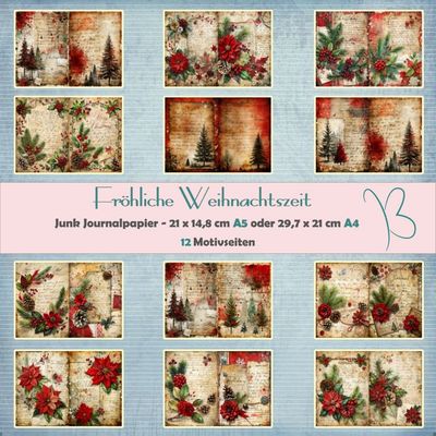 Fröhliche Weihnachtszeit - Junk Journal Seiten - A4 oder A5 quer - 12 Seiten