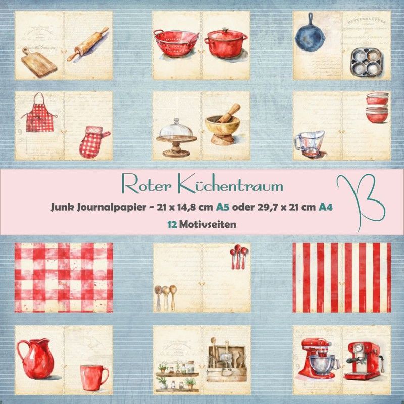 Roter Küchentraum - Junk Journal Seiten - A4 oder A5 - 12 Seiten