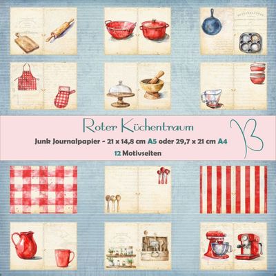 Roter Küchentraum - Junk Journal Seiten - A4 oder A5 - 12 Seiten