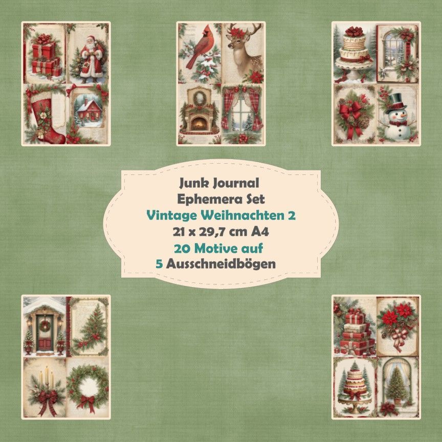 Vintage Weihnachten 2 - Ephemera Set - Ausschneidebögen - Junk Journal - A4 -  5 Seiten