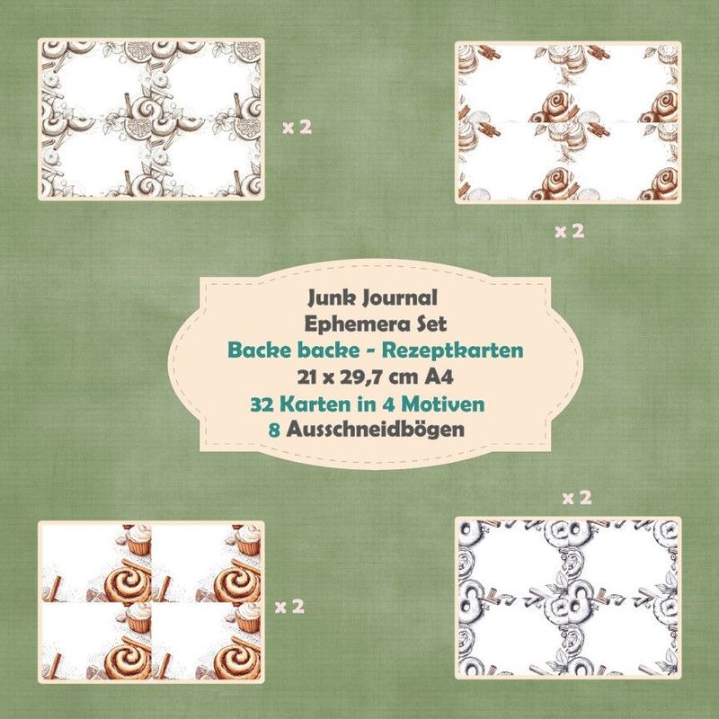 Backe backe - Rezeptkarten - Ephemera Set - Ausschneidebögen - Junk Journal - A4 -  8 Seiten