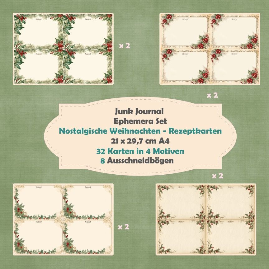 Nostalgische Weihnachten - Rezeptkarten - Ephemera Set - Ausschneidebögen - mit und ohne Schrift - Junk Journal - A4 -  8 Seiten