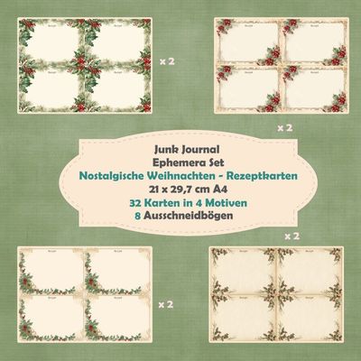 Nostalgische Weihnachten - Rezeptkarten - Ephemera Set - Ausschneidebögen - mit und ohne Schrift - Junk Journal - A4 -  8 Seiten