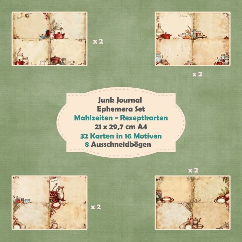 Mahlzeiten - Rezeptkarten - Ephemera Set - Ausschneidebögen - Junk Journal - A4 -  8 Seiten
