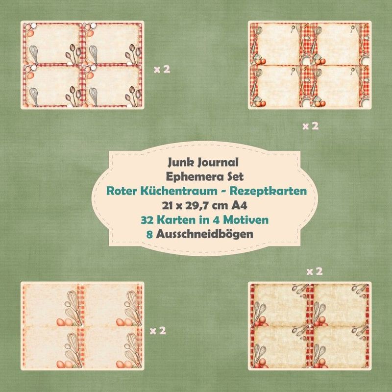 Roter Küchentraum - Rezeptkarten - Ephemera Set - Ausschneidebögen - Junk Journal - A4 -  8 Seiten