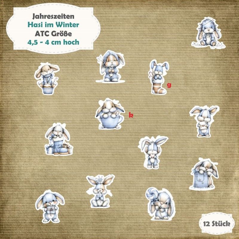 Hasi im Winter - blau - ATC Größe - 12 Stanzteile - Die Cut Hasi im Winter - blau - ATC Größe - 12 Stanzteile - Die Cut