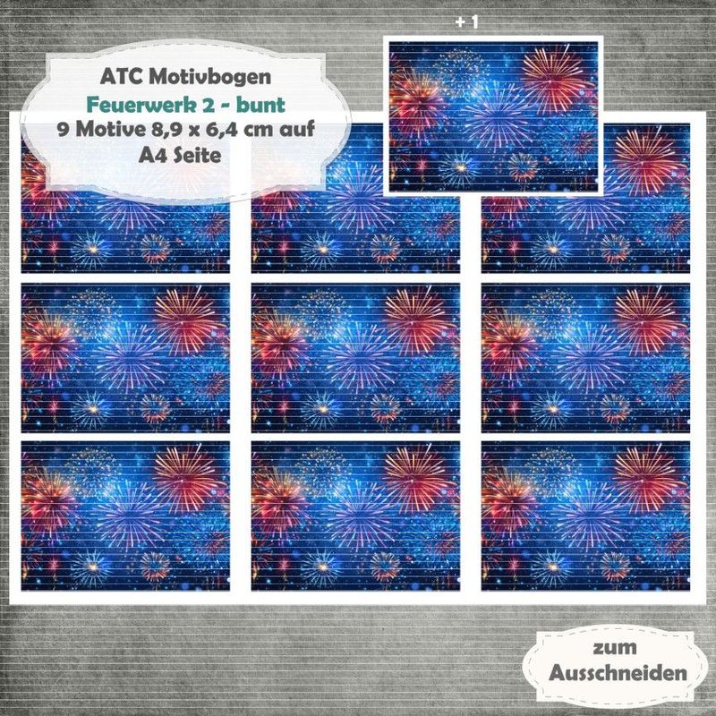 Feuerwerk 2 - bunt - ATC Motivbogen - A4 - 1 Seite mit 9 Motiven Feuerwerk 2 - bunt - ATC Motivbogen - A4 - 1 Seite mit 9 Motiven