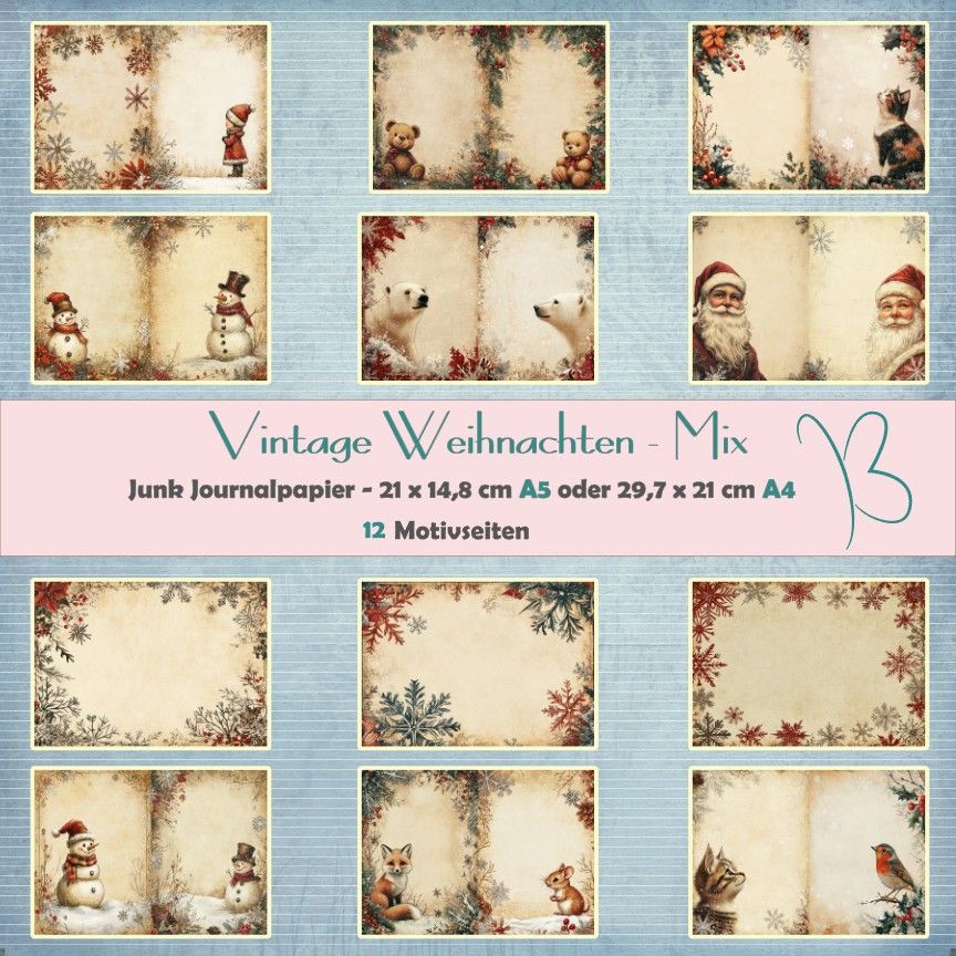Vintage Weihnachten - Mix - Junk Journal Seiten - A4 oder A5 - 12 Seiten