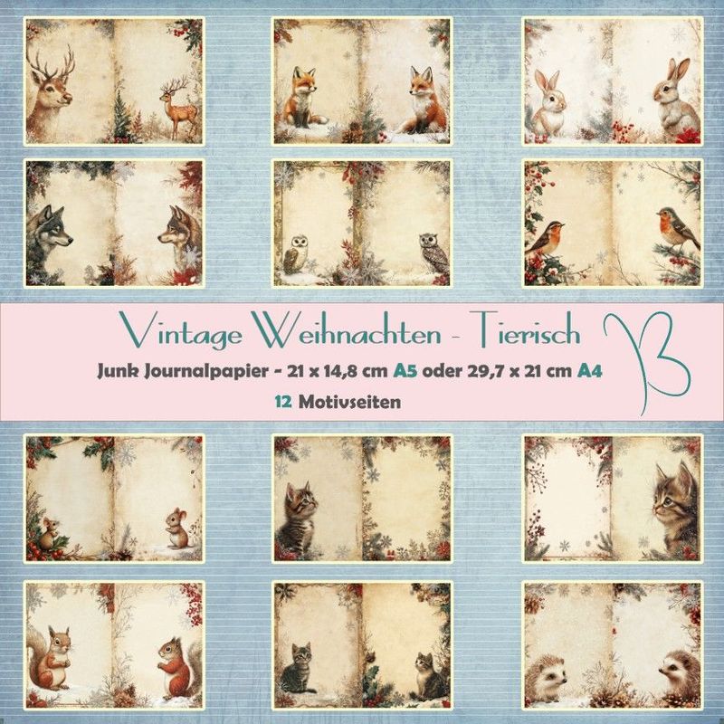 Vintage Weihnachten - Tierisch - Junk Journal Seiten - A4 oder A5 - 12 Seiten Vintage Weihnachten - Tierisch - Junk Journal Seiten - A4 oder A5 - 12 Seiten