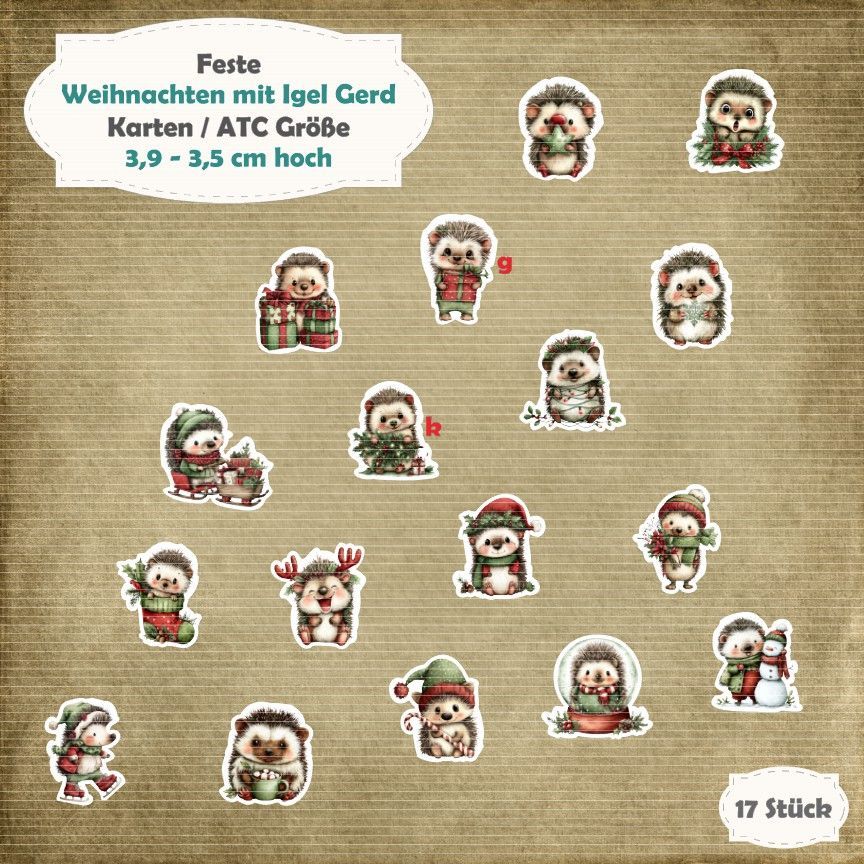 Weihnachten mit Igel Gerd - rot/grün - Karten / ATC Größe - 17 Stanzteile - Die Cuts