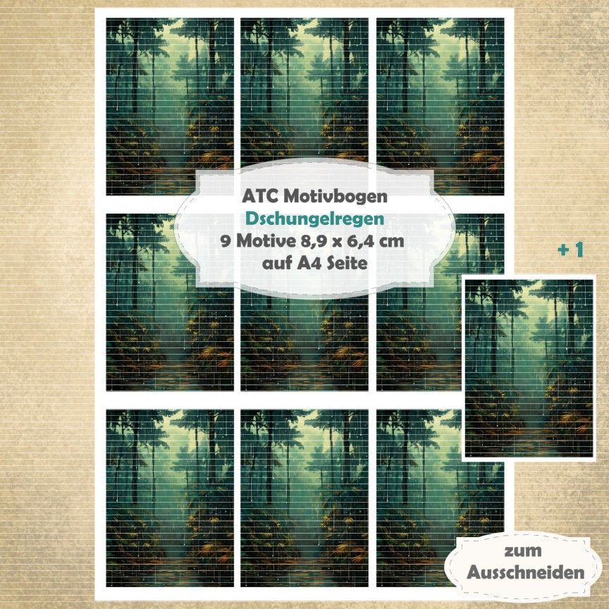 Dschungelregen- ATC Motivbogen - A4 - 1 Seite mit 9 Motiven Dschungelregen- ATC Motivbogen - A4 - 1 Seite mit 9 Motiven