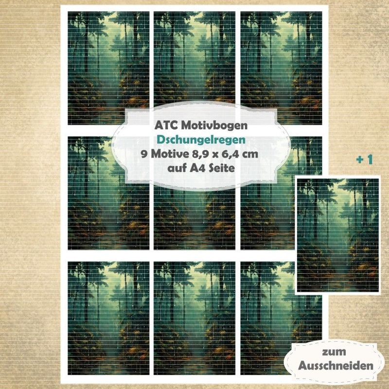 Dschungelregen- ATC Motivbogen - A4 - 1 Seite mit 9 Motiven Dschungelregen- ATC Motivbogen - A4 - 1 Seite mit 9 Motiven
