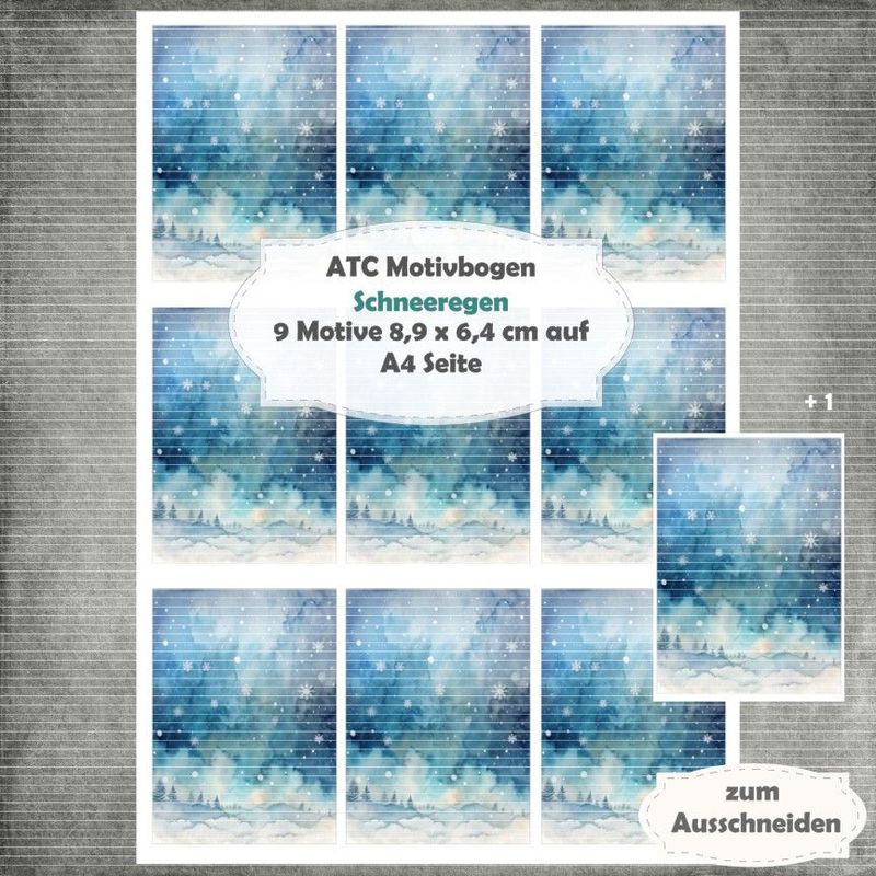 Schneeregen- ATC Motivbogen - A4 - 1 Seite mit 9 Motiven