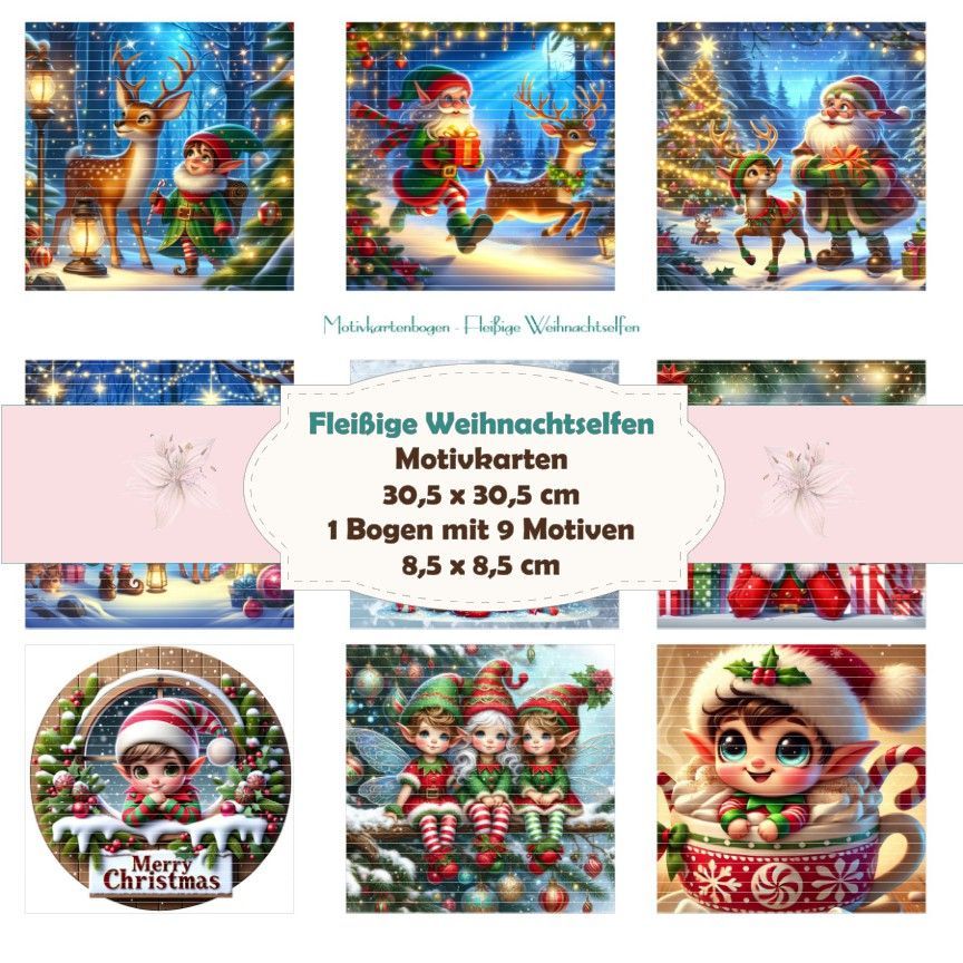 Fleißige Weihnachtselfen - Motivkarten - 8,5 x 8,5 cm - 9 Motive - 1 Bogen