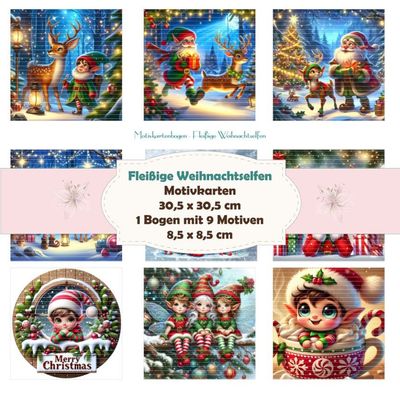 Fleißige Weihnachtselfen - Motivkarten - 8,5 x 8,5 cm - 9 Motive - 1 Bogen
