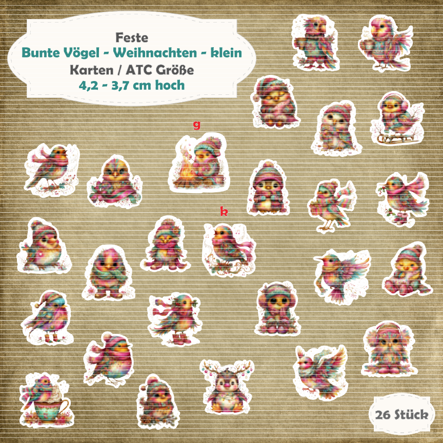 Bunte Vögel - Weihnachten - klein / Karten / ATC Größe - 26 Stanzteile - Die Cut Bunte Vögel - Weihnachten - klein / Karten / ATC Größe - 26 Stanzteile - Die Cut
