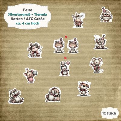 Silvestergruß - Tiermix - Karten / ATC Größe - 12 Teile - Die Cuts
