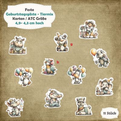 Geburtstagsgäste 1 - Tiermix - Karten / ATC Größe - 11 Stanzteile - Die Cut