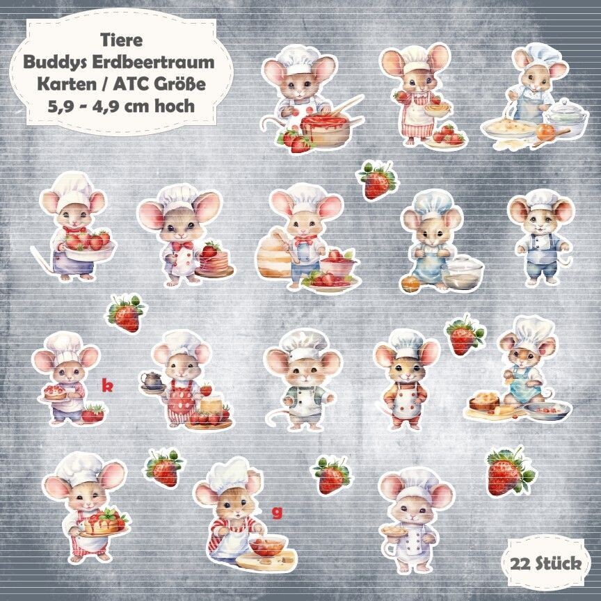 Buddys Erdbeertraum - Maus - 300g - Karten / ATC Größe - 22 Stanzteile - Die Cut*