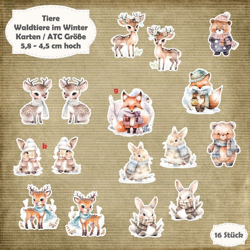 Waldtiere im Winter 1 - 300g - Karten / ATC Größe - 16 Stanzteile - Die Cuts*