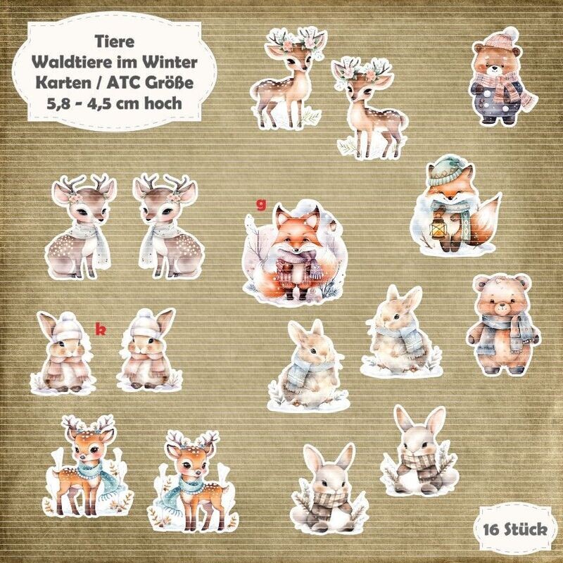 Waldtiere im Winter 1 - 300g - Karten / ATC Größe - 16 Stanzteile - Die Cuts*