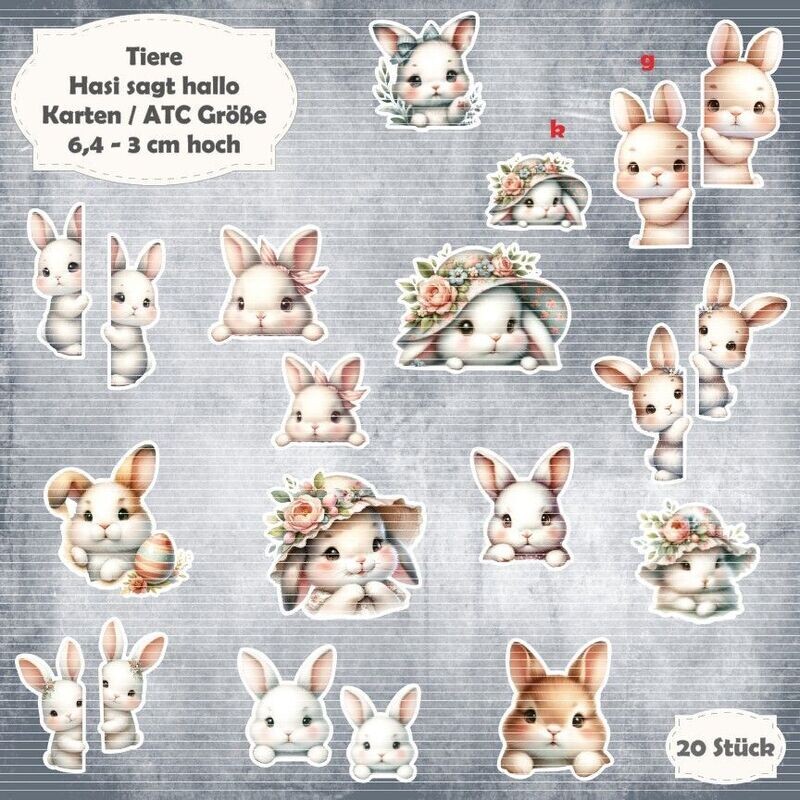 Hasi sagt Hallo - 300g - Karten / ATC Größe - 20 Stanzteile - Die Cut