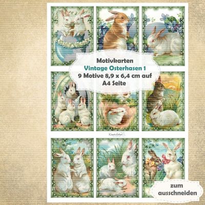 Vintage Osterhasen 1 - Motivkarten - A4 - 1 Seite mit 9 Motiven