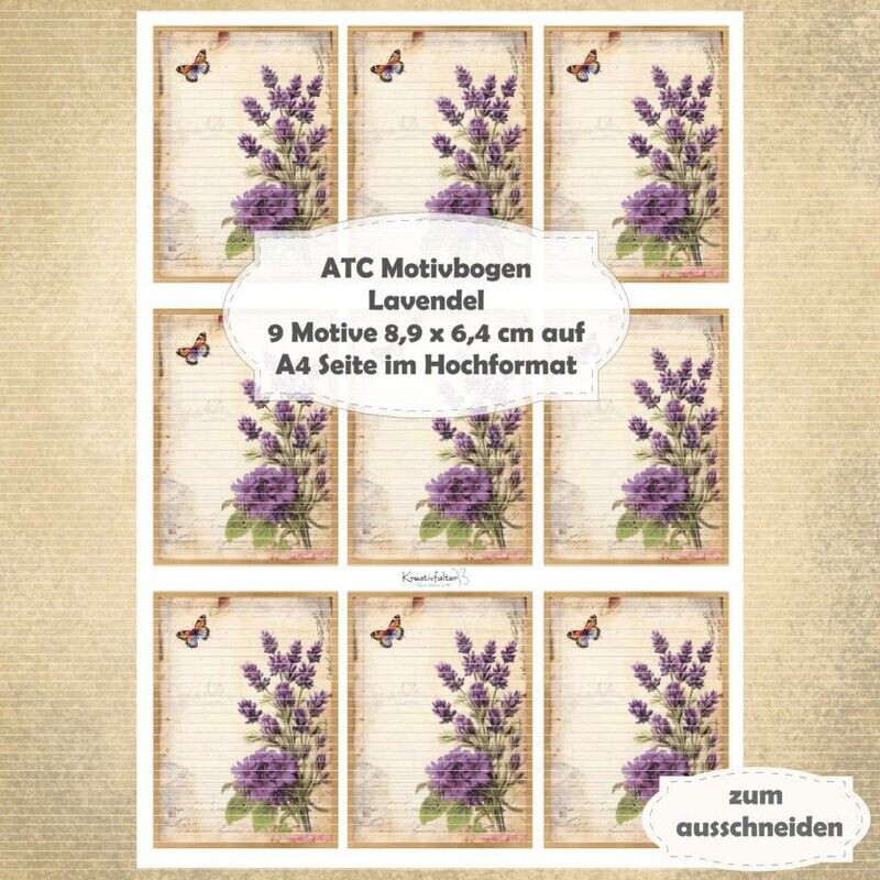 Vintage Lavendel - ATC Motivbogen - A4 - 1 Seite mit 9 Motiven* Vintage Lavendel - ATC Motivbogen - A4 - 1 Seite mit 9 Motiven*