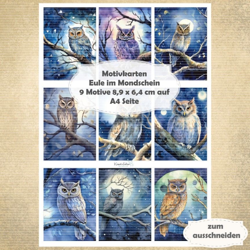 Eulen im Mondschein - Motivkarten - A4 Hochformat - 1 Seite mit 9 Motiven