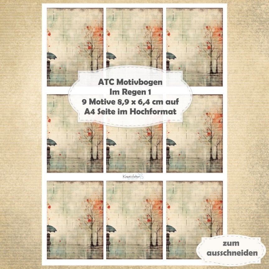 Im Regen 1 - ATC Motivbogen - A4 - 1 Seite mit 9 Motiven