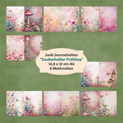 Zauberhafter Frühling - Junk Journal Seiten - A5 quer - 8 Seiten