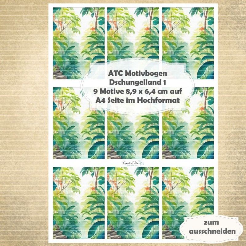 Dschungelland 1 - ATC Motivbogen - A4 - 1 Seite mit 9 Motiven