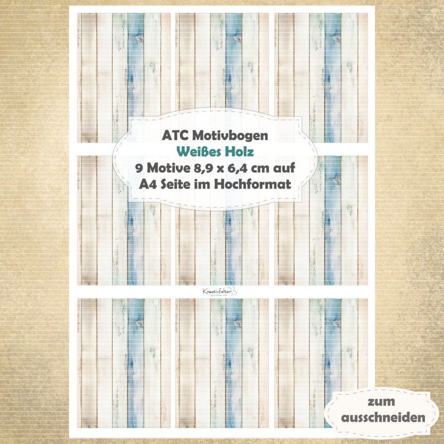 Weißes Holz - ATC Motivbogen - A4 - 1 Seite mit 9 Motiven