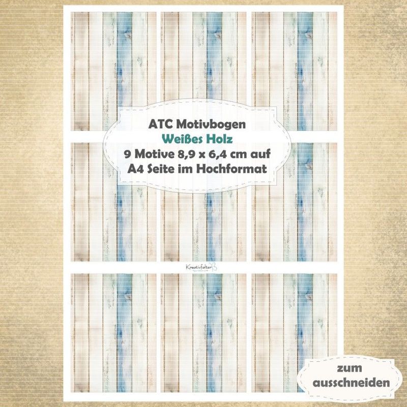 Weißes Holz - ATC Motivbogen - A4 - 1 Seite mit 9 Motiven
