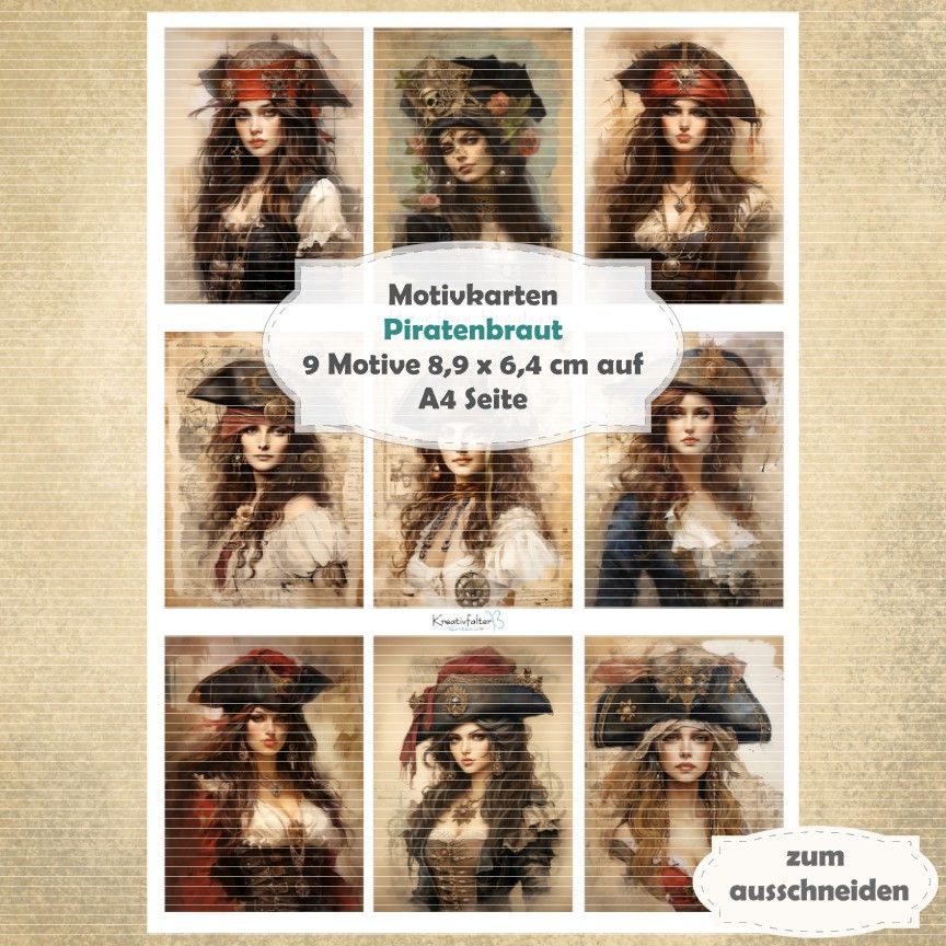 Piratenbraut - Motivkarten - A4 Hochformat - 1 Seite mit 9 Motiven