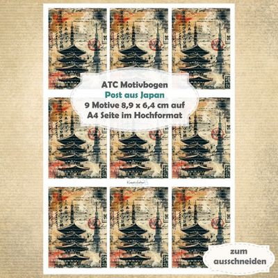 Poste aus Japan  - ATC Motivbogen - A4 - 1 Seite mit 9 Motiven