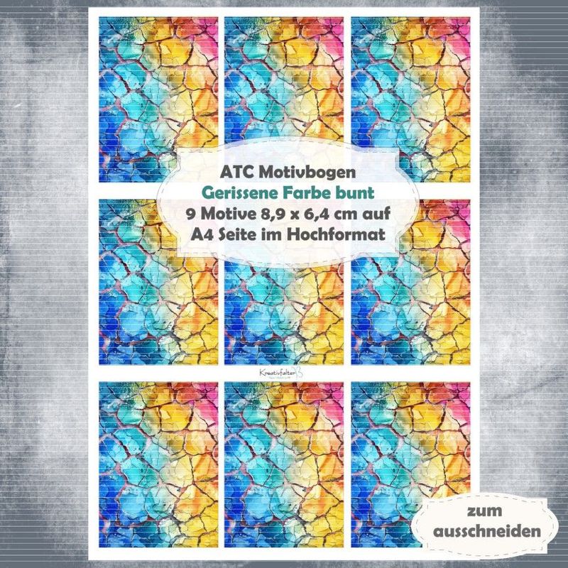 Gerissene Farbe - bunt  - ATC Motivbogen - A4 - 1 Seite mit 9 Motiven