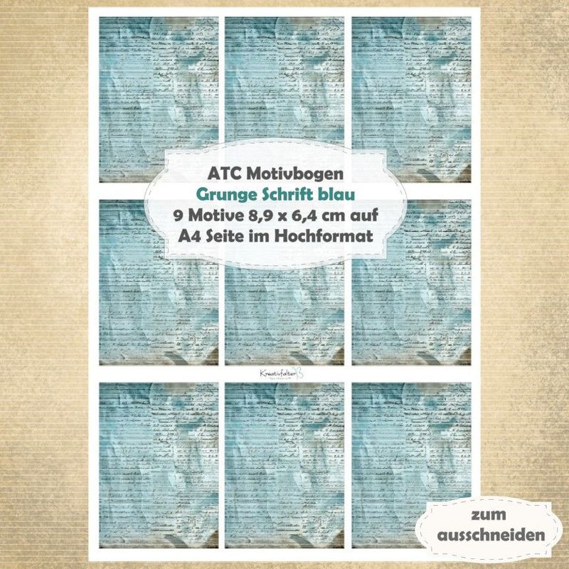 Grunge Schrift blau  - ATC Motivbogen - A4 - 1 Seite mit 9 Motiven