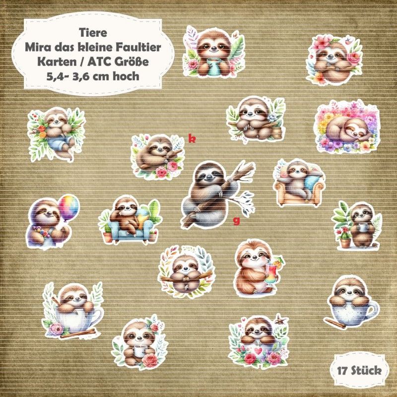 Mira das kleine Faultier - 300g - Karten / ATC Größe - 17 Stanzteile - Die Cut* Mira das kleine Faultier - 300g - Karten / ATC Größe - 17 Stanzteile - Die Cut*
