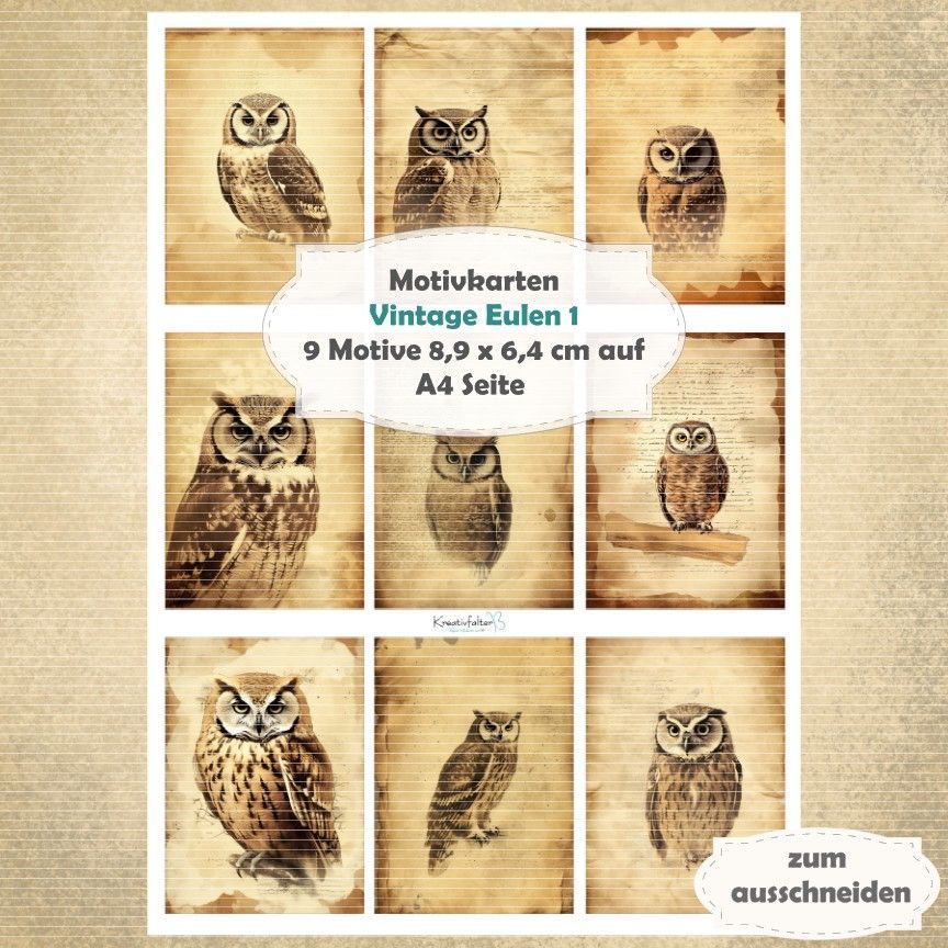 Vintage Eulen 1 - Motivkarten - A4 - 1 Seite mit 9 Motiven