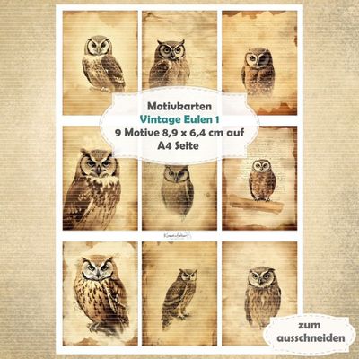 Vintage Eulen 1 - Motivkarten - A4 - 1 Seite mit 9 Motiven