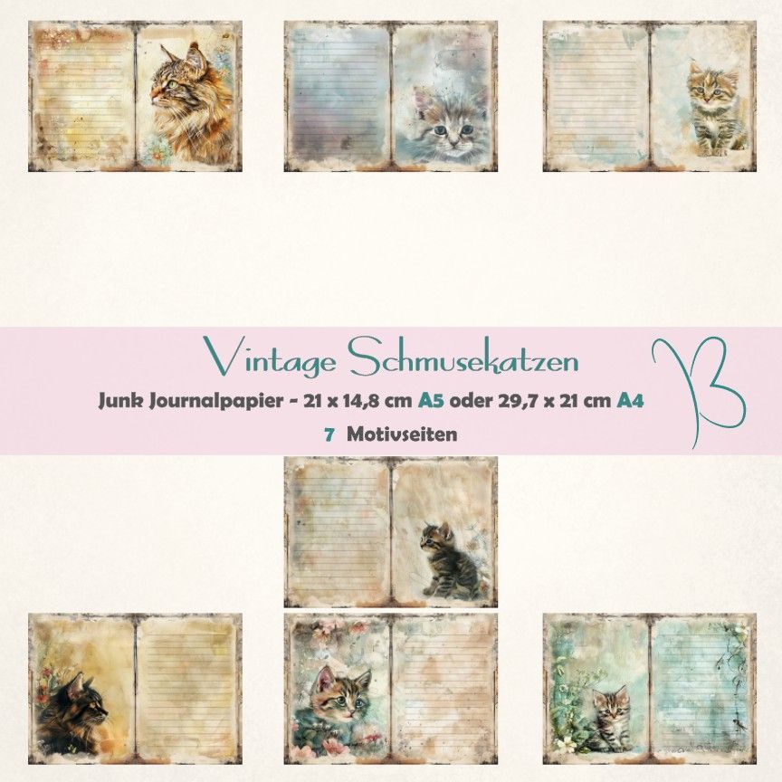 Vintage Schmusekatzen - Junk Journal Seiten - A4 oder A5 - 7 Seiten*