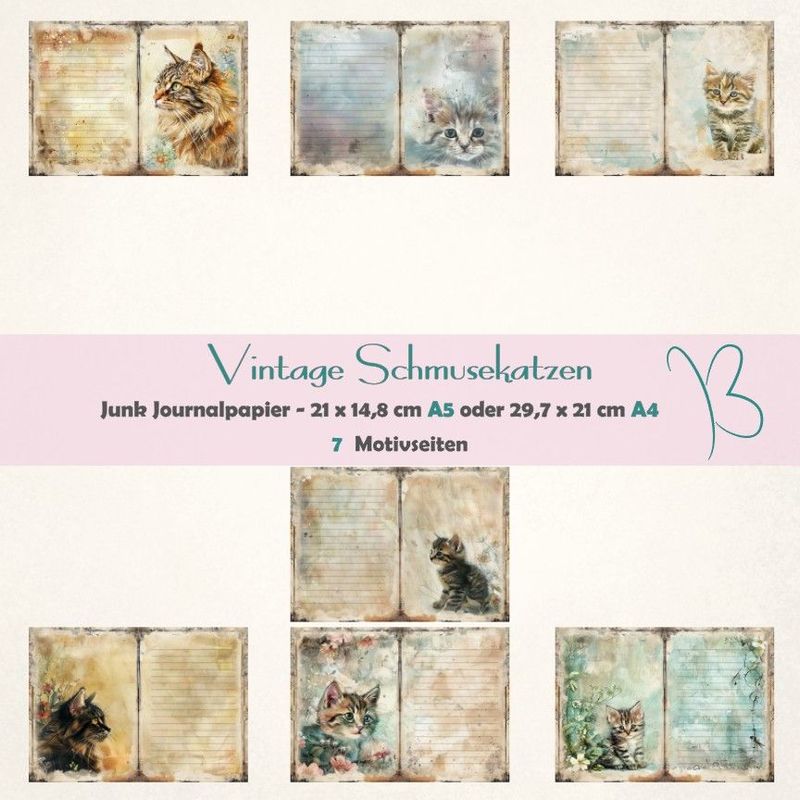 Vintage Schmusekatzen - Junk Journal Seiten - A4 oder A5 - 7 Seiten*