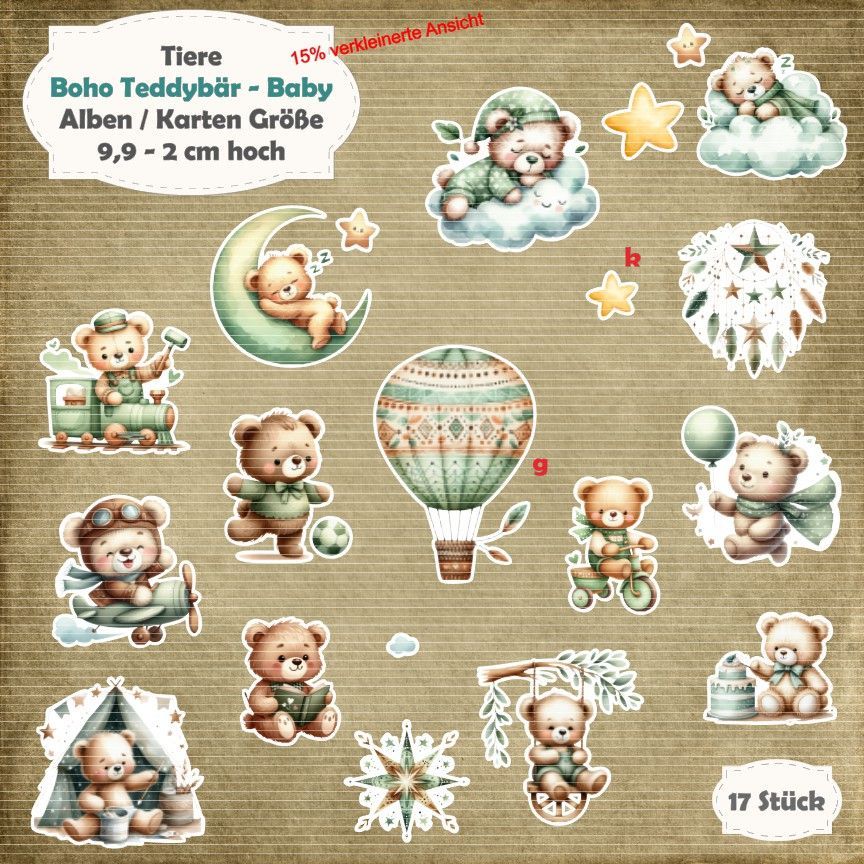 Boho Teddybär - Baby - 210g - Alben / Karten Größe - 17 Stanzteile - Die Cut*
